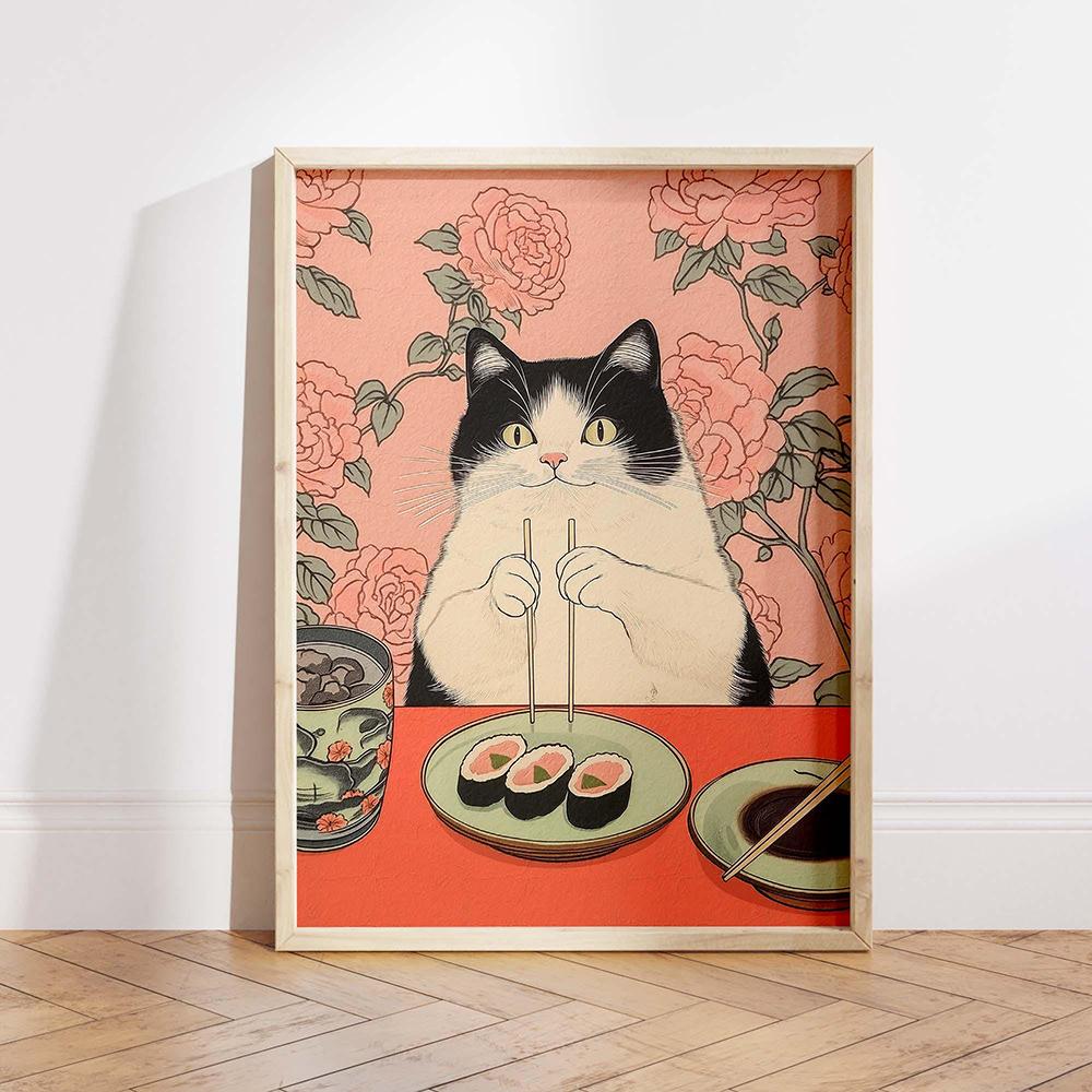 Japanese Black Cat Eating Sushi Frog Ramen Art Print Wall Decor Kitchen Dining Poster Aesthetic Unique Cat Lover Gift Poster