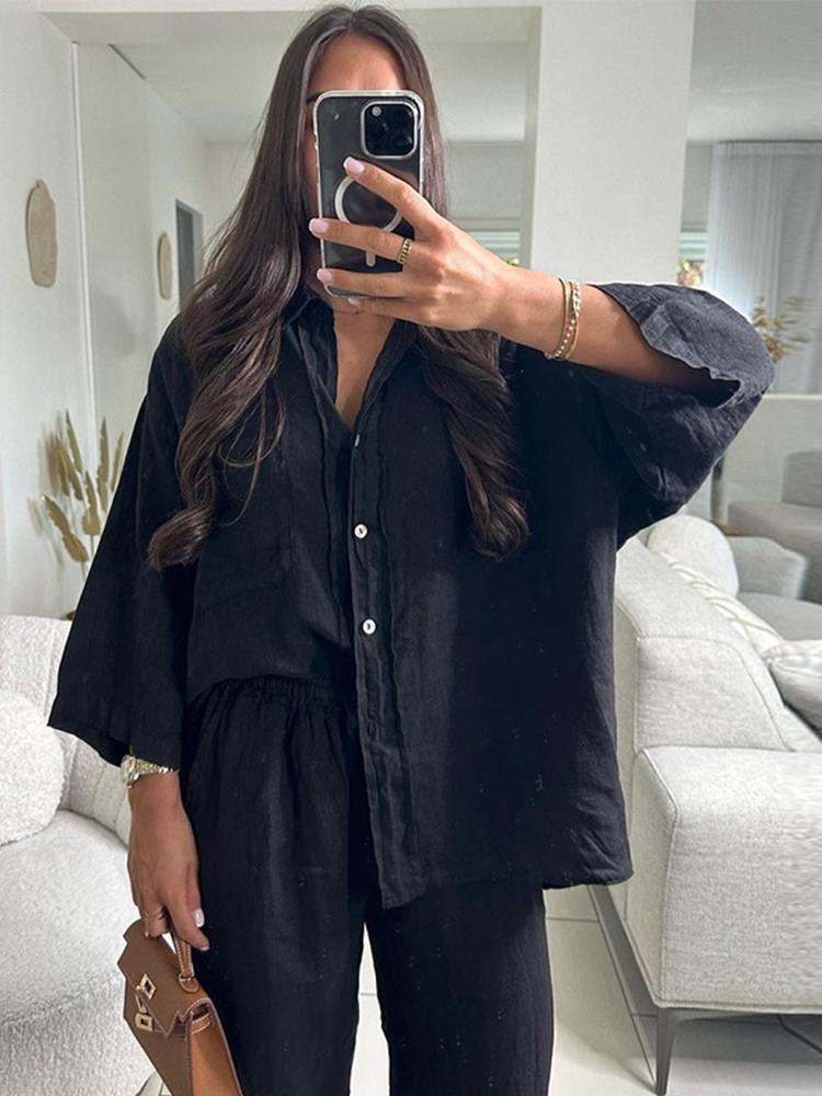Vintage Solid Shirt Trousers Suit Women Single Breasted Long Sleeve Shirt Wide Leg Pants Summer Female Set