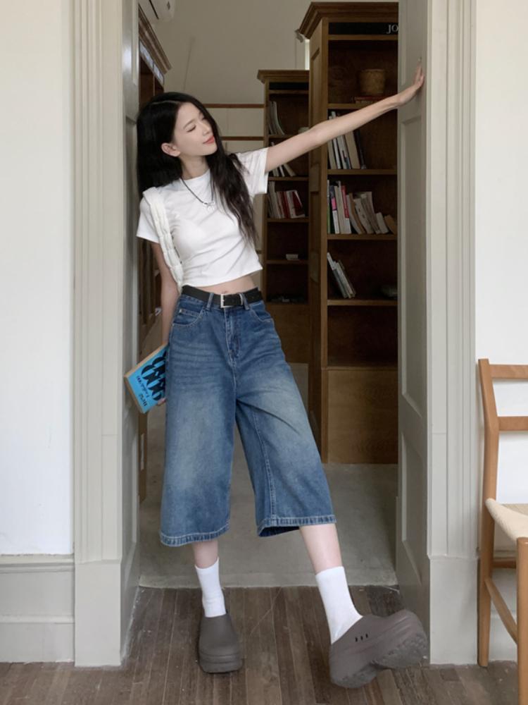 Amerikanische Retro-Jeans Vintage Y2k Baggy Jorts Damen Sommer Hohe Taille Koreanische Streetwear Knielange Jeans mit weitem Bein Harajuku Casual Denim Shorts