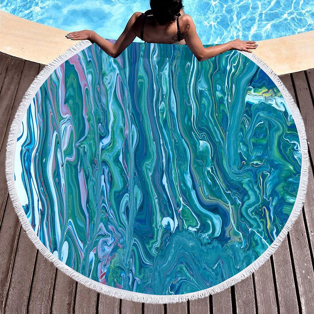 Marble Round Beach Towel with Tassels, Microfiber Quick Dry Beach Blanket Circle Swim Pool Towel Yoga Mat Meditation Picnic Rug