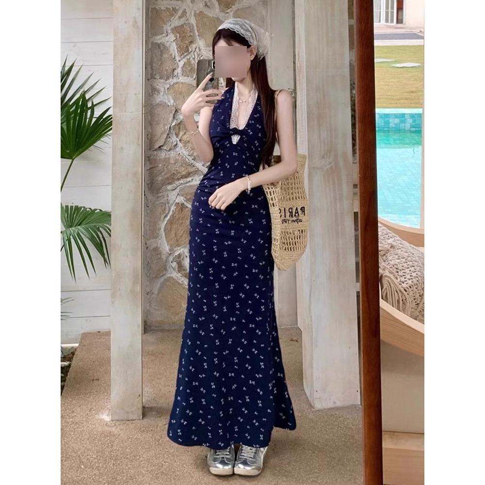 Taille schmal geschnitten Urlaub Hüftwickelkleid Schleife floral Spitze V-Ausschnitt Hals Kleid Damen Sommer