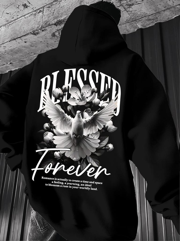 Men's Casual Loose Pigeon-print Fleece Thickened Hooded Sweatshirt for Autumn and Winter Wear