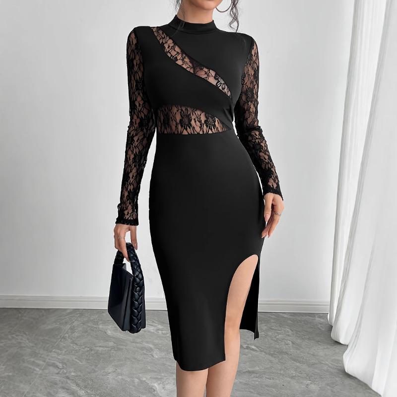 2025 Autumn New Women's Solid Color Contrast Lace Slit Sexy Tight Dress