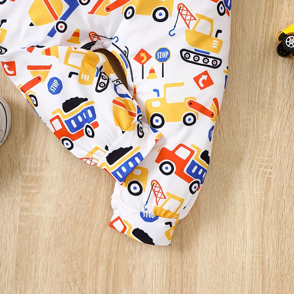 Infant Baby Boy Cute Cartoon Truck Full Print Bodysuit Comfy Long Sleeve Romper