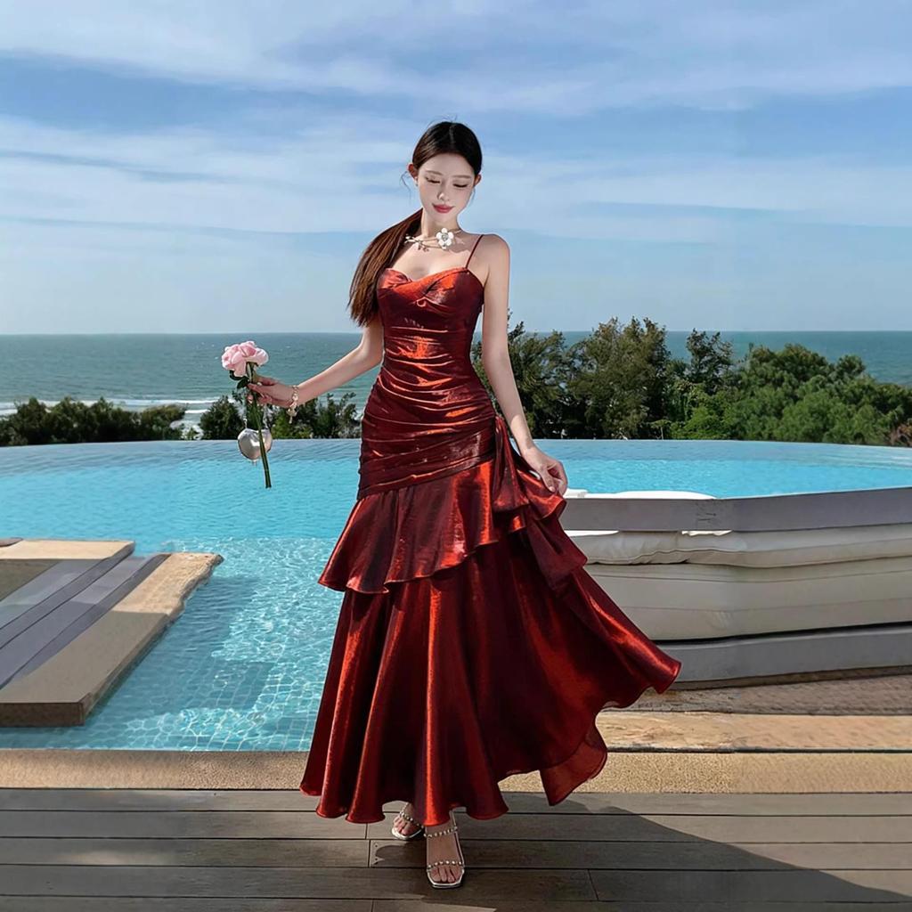 Sanya French Seaside Spaghetti Strap Ruffled Vacation Dress