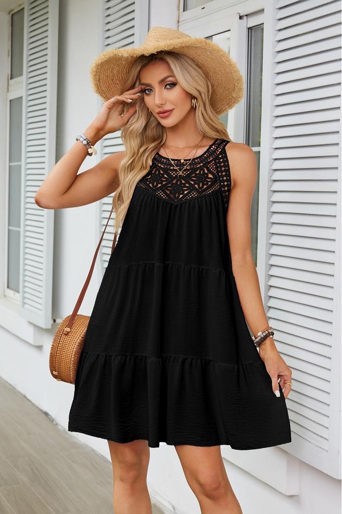 Women's Spring and Summer, Hollow Lace Splicing Neck A-word Dress