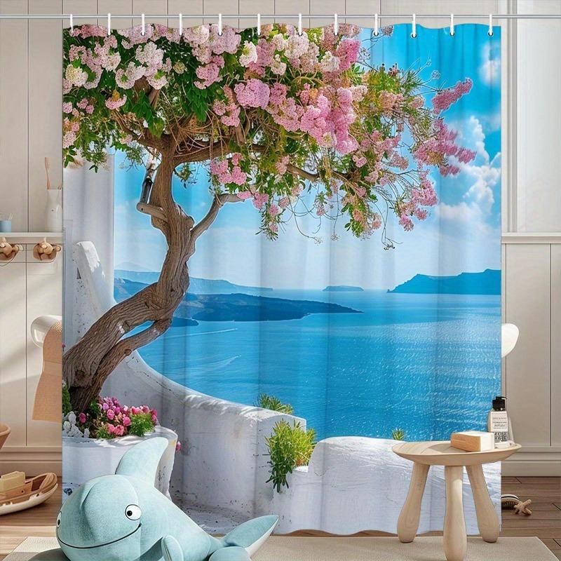 

Rural Greek Sea Scenery Shower Curtain Washable Dirt-Resistant Shower Head Waterproof Polyester Bath Curtain For Home Decor W60H190(CM)-1 Pcs