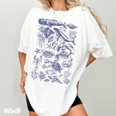 Retro Sea Creatures Tshirt Unisex Vintage Sealife Shirt Ocean Shirt Ocean Shirt Whale Retro Nature Shirt