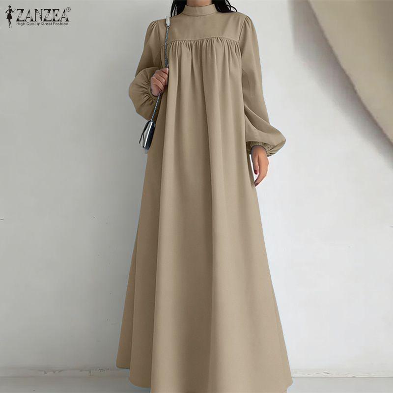 ZANZEA Damen Lässig Rundhals Elegant Locker Langarm Kleid