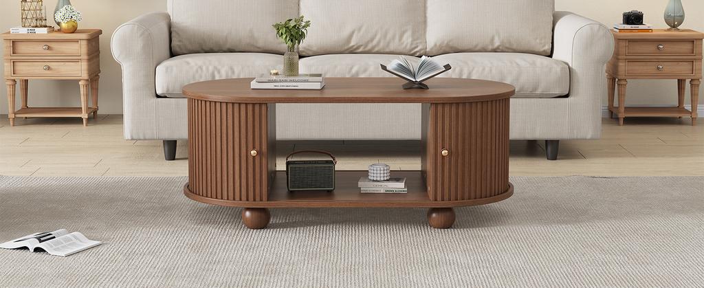Tavolino da caffè in noce 100 * 50 * 40 cm con contenitore e ante scorrevoli, mobile multifunzionale salvaspazio, tavolino da divano con anta scorrevole a 360 gradi