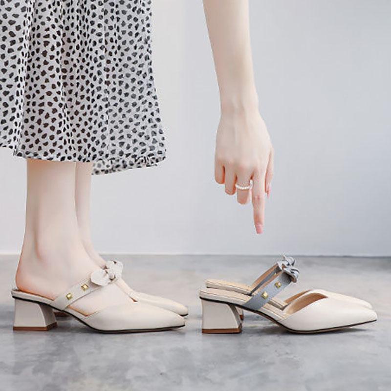 Half Slippers Female Spring All-match Thick-heeled Mid-heel Fairies Wear Small-heeled Skirt Sandals