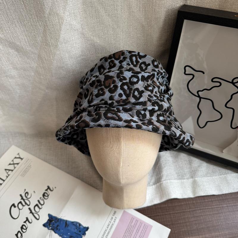 Niche Designer Leopard Print Pleated Bucket Hat Women's Spring Summer Retro Fashion Personalized Basin Hat Sun Bucket Hat