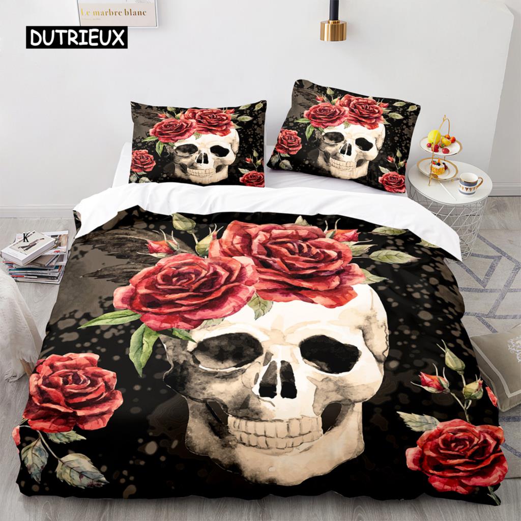 Povlak na přikrývku Sugar Skull King Mikrovlákno Růžový Ložní Set Květinová Lebka Povlak na Přikrývku Černá Červená Oranžová Kostra Jednolůžkový Povlak na Prošívanou Přikrývku