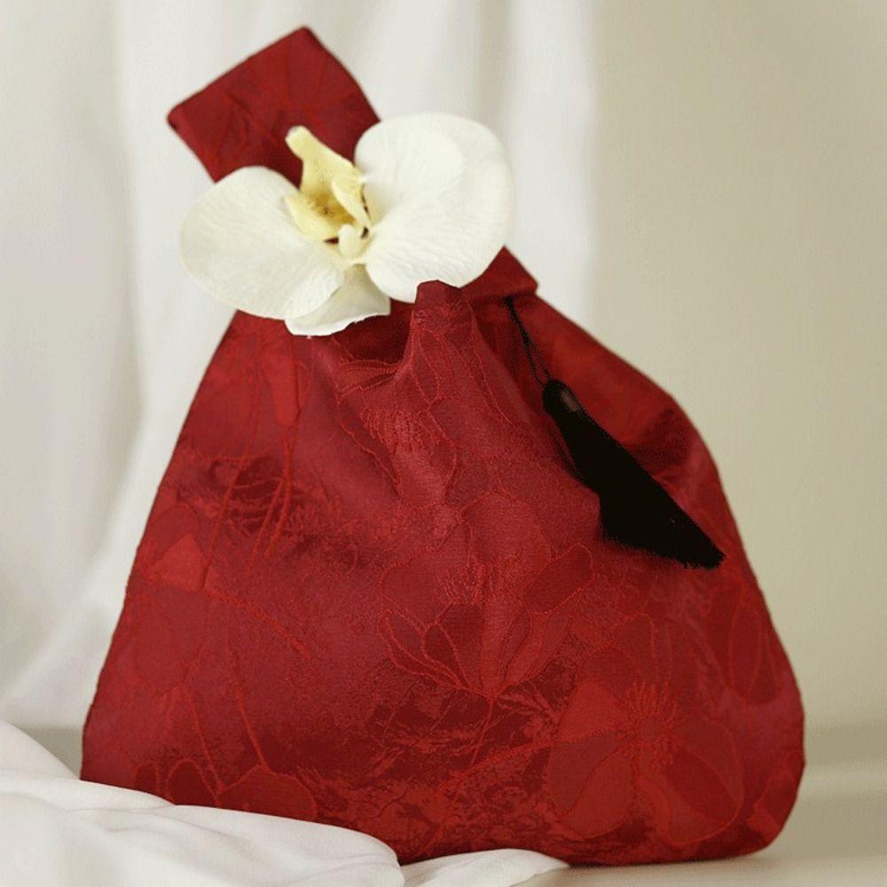 Sweet Orchid Flower Tassel Knot Wrist Bag Temperament Printing Wedding Candy Bag Make Up Pouch Small Item Pouch Banquet