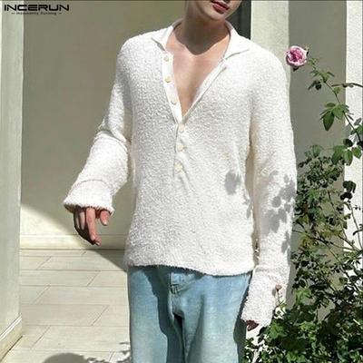 Maglioni da uomo oversize con colletto a revers, maniche lunghe, bottoni, casual, texture larga, top