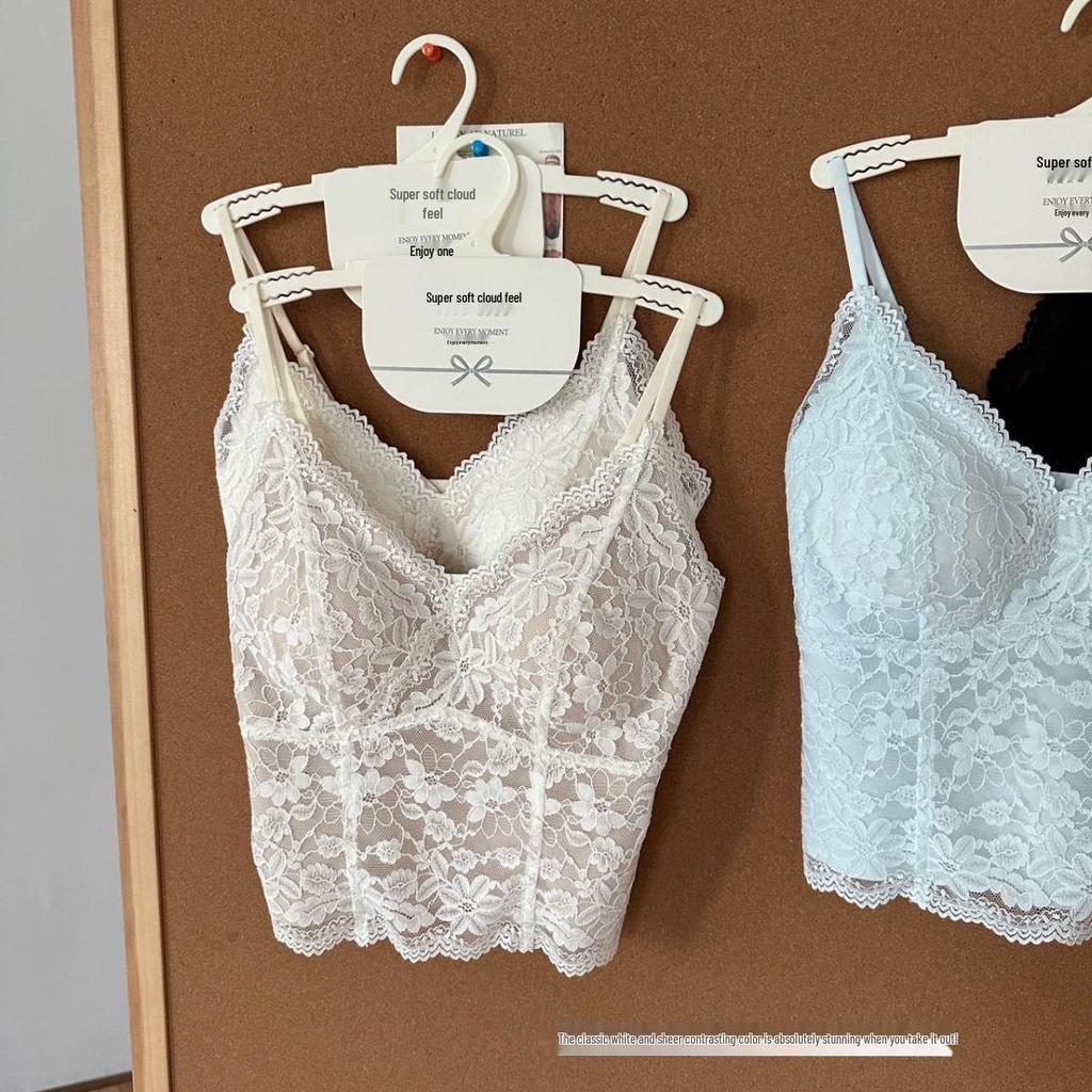 French Lace V-Neck Seamless Camisole with Fixed Cups and Thin Straps