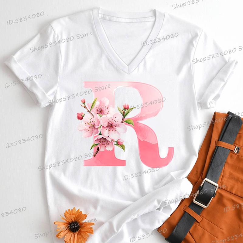Pink Sakura Alphabet Graphic T Shirts Women AZ 26 Alphabet Pink Flower Cartoon Tshirts Cherry Blossom Letters Casual Tops Tees
