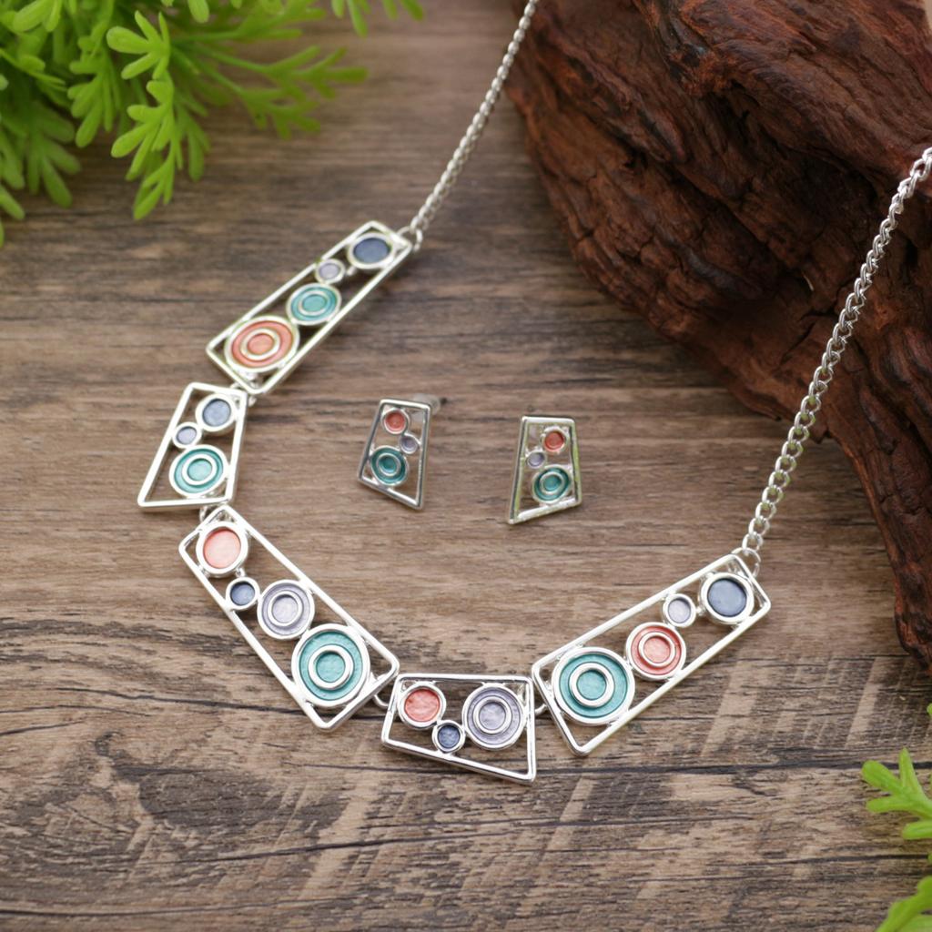 Neues Farbmalerei Öl hohles geometrisches rundes Stecker-Ohrring-Halsketten-Set, übertriebene quadratische Damenhalskette.