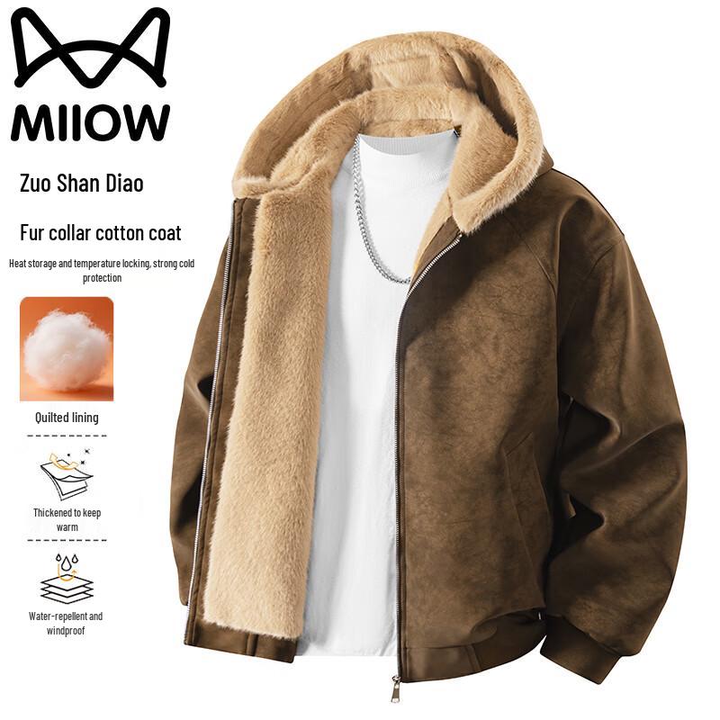 Mao Ren Herren Kapuzenjacke mit Kragen aus Kunstfell, dick, Winter