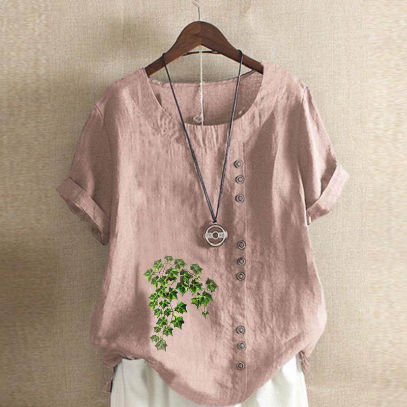 Women's Fashion Round Neck Short Sleeve T-shirt Casual Cotton Linen Graphic Shirt Leisure Loose Green Plants Prined Summer Blouse Tops