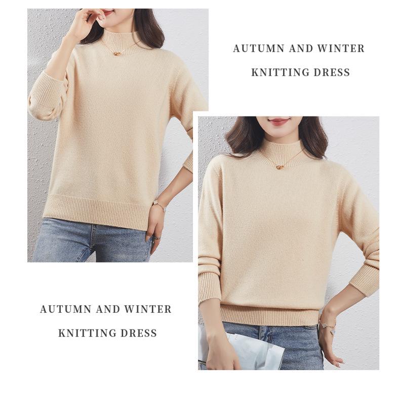 Women's Light Luxury Wool Pullover – Half-High Collar, Thick Knit, Loose Fit, 100% Wool, Perfect for Autumn/Winter.
