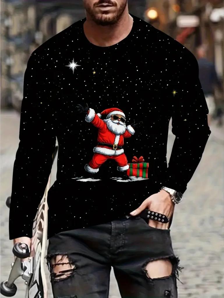 T-Shirts for Man Christmas Santa Claus 3D Print Casual Men's Long Sleeve Tee Pullover Crew Neck Y2k Tops Autumn Men's Clothing