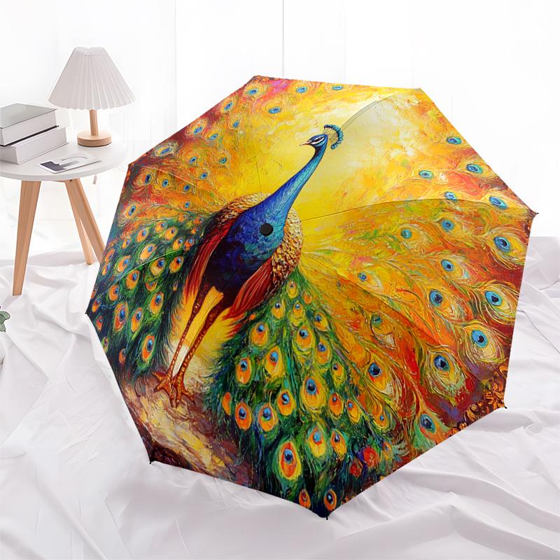 1 PC Automatic Folding Umbrella - Peacock Pattern, Portable & Foldable Design with 8 Ribs, Christmas Birthday Gifts