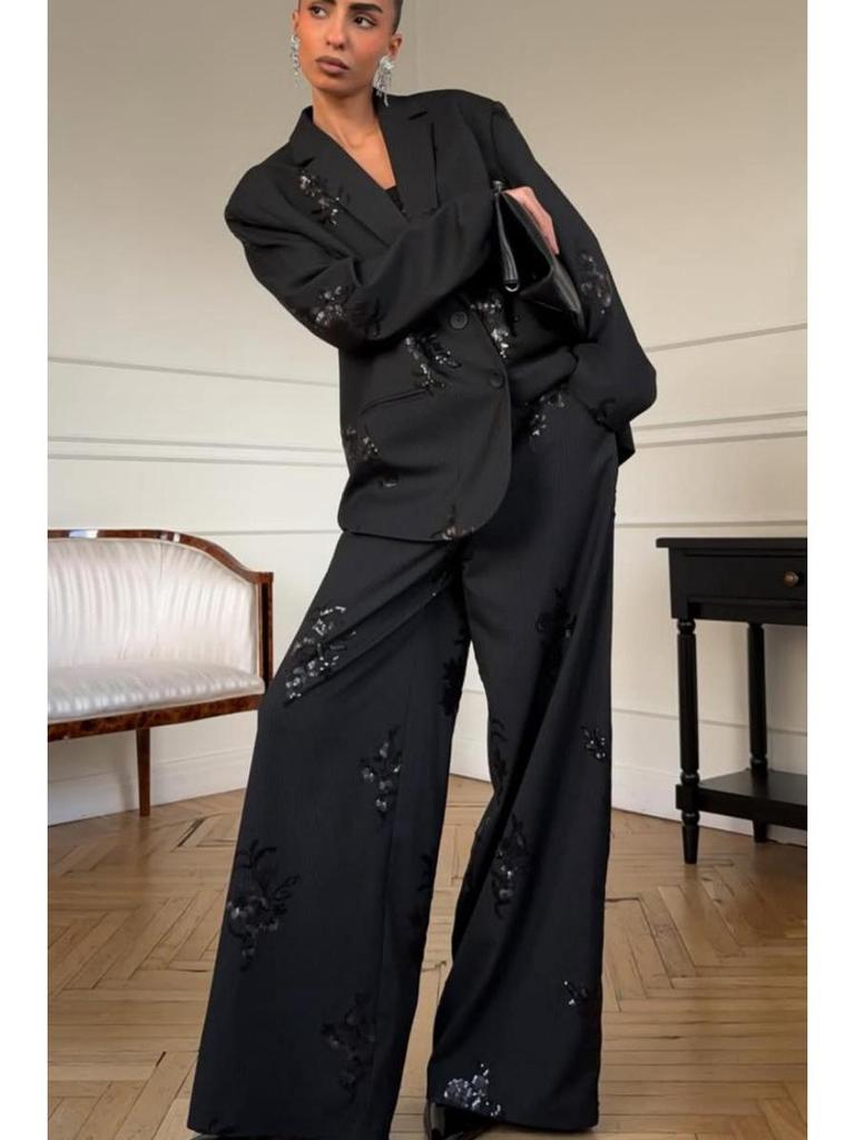 2026 Spring Women's Sequin Embroidery Suit Jacket & Straight-Leg Pants Set