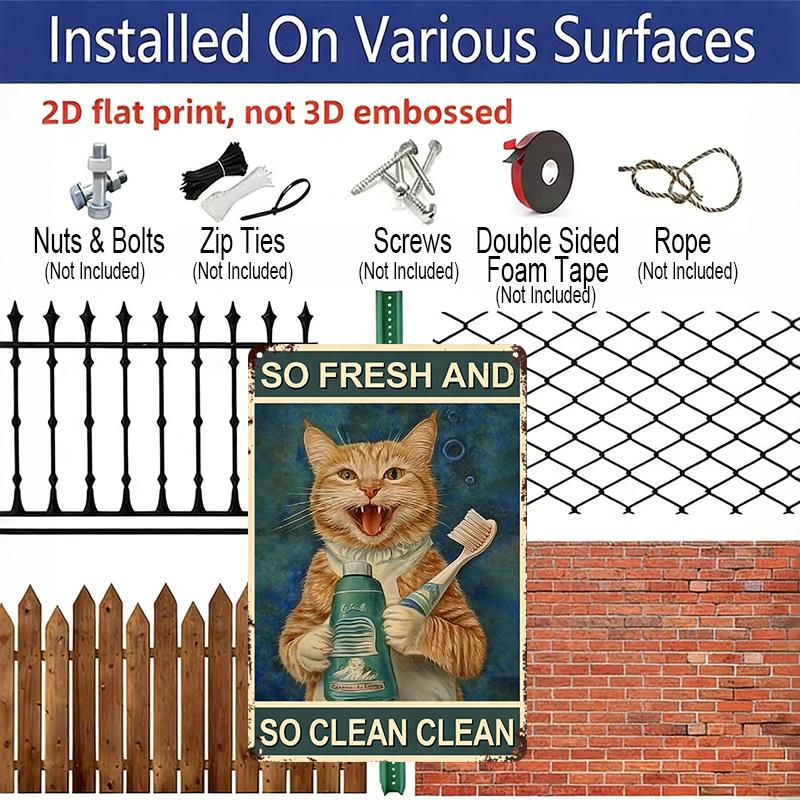 2D Flat, 1pc Funny Orange Tabby Cat Bathroom Aluminum Wall Decor Sign - Vintage "So Fresh & So Clean" Metal Plaque with Ginger Cat & Toothbrush