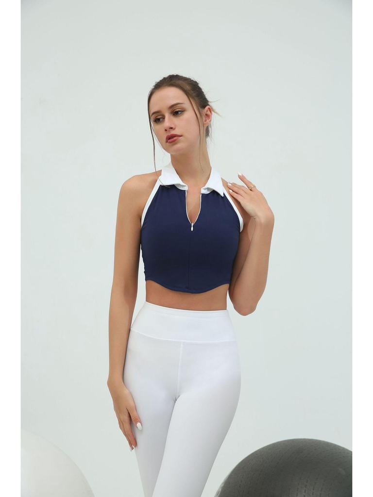Women's Contrast Collar Sports Fitness Vest: Quick-Dry, High-Elastic, Chest-Padded, Zippered Top for Running & Yoga.
