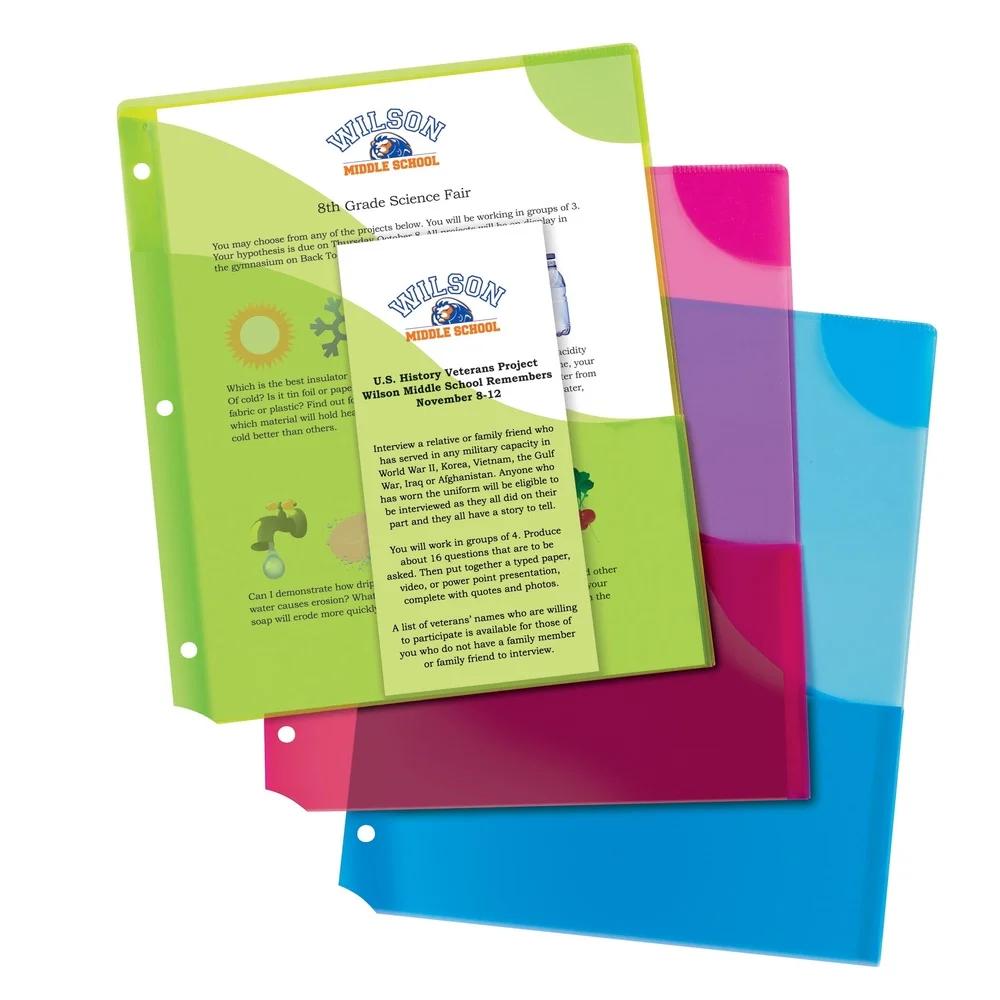 Corner Lock 3 Pocket Binder Sleeves Document Storage Assorted Colors Durable Non-Tearing Polypropylene Pack of 3 Organizing
