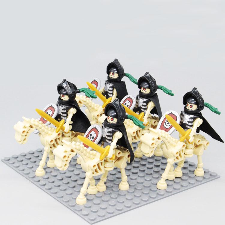5 Set/Lot Medieval Castle Skeleton Knight & Horse With Cap Undead Army Soldier Action Figure with Weapon Shield Block Kid Toys