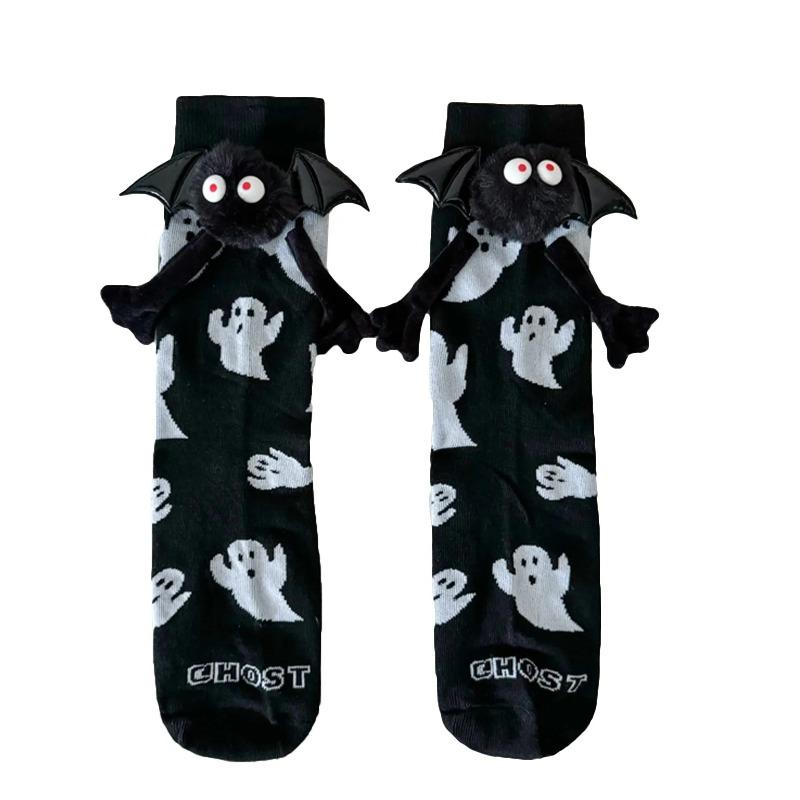 1pair Women's Halloween - Style Socks: Cute Ghost & White Hand-in-Hand Design, Middle Tube Cartoon Socks for Costume Parties