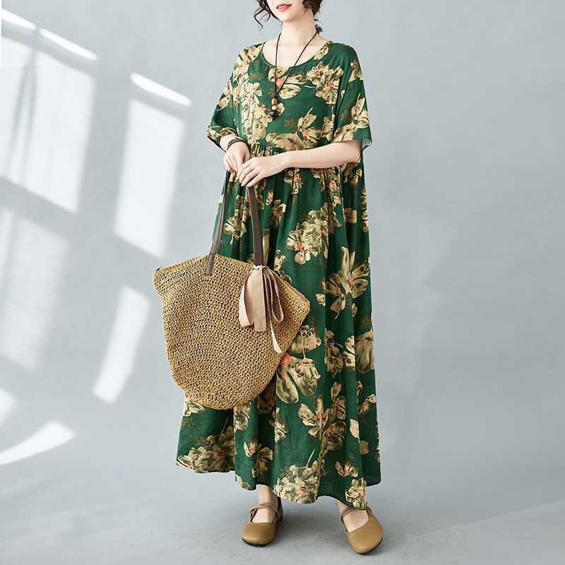 Simple Bohemian Print Dress Short Sleeve Round Neck Summer New Style Elegant Feel Long Dresses Women's Clothing