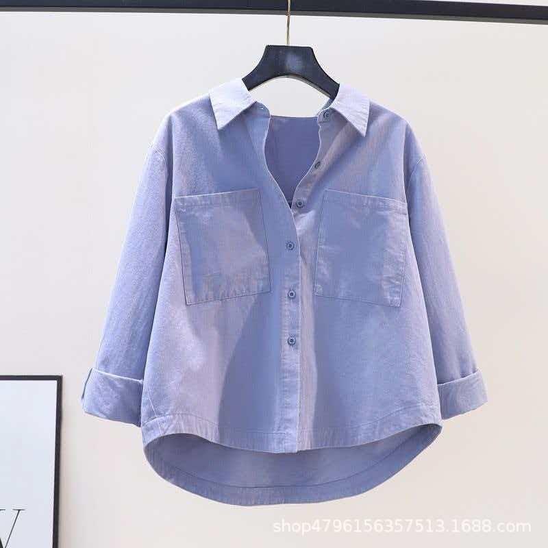 Fresh and Light Blue Cotton Shirt for Women: New Spring/Summer Style Single-Pocket Loose-Fit Shirt