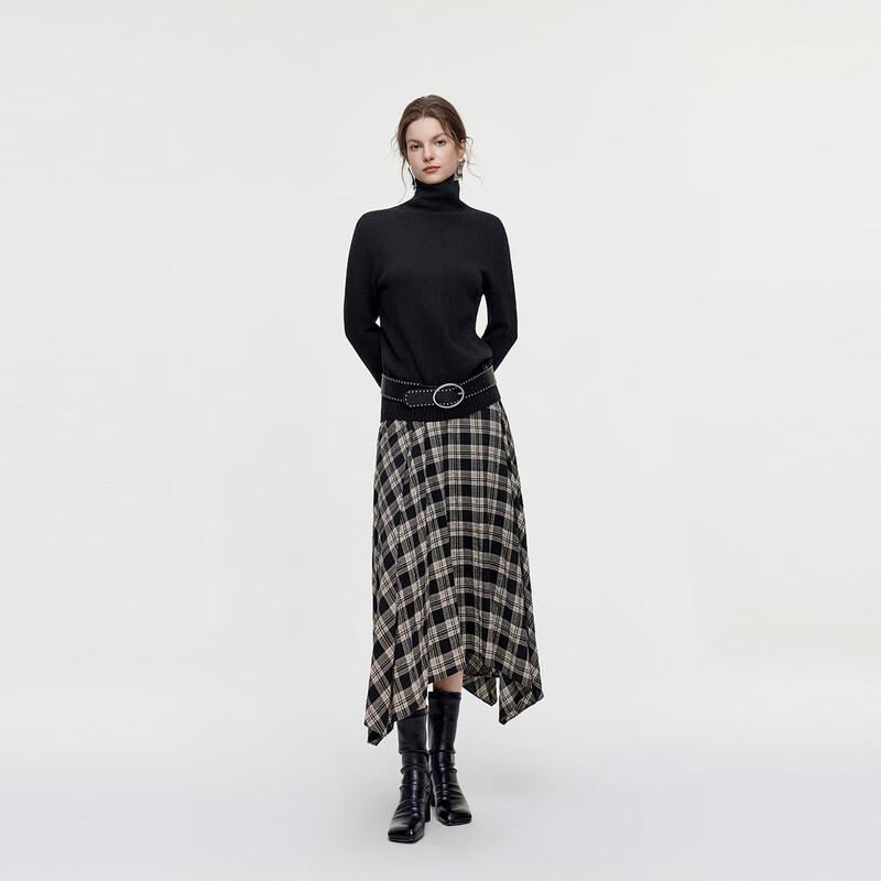 ELLE High-Waist Plaid Irregular A-Line Long Skirt