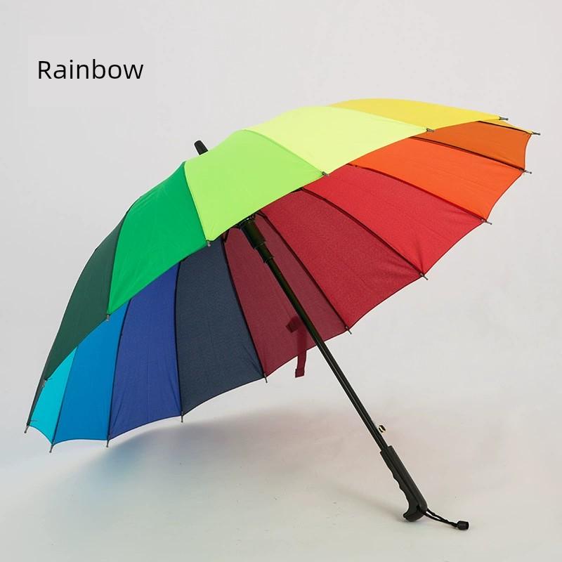 24-Rib Waterproof Umbrella with Curved Handle, Straight Pole, Impact-Resistant Fabric, Safety Umbrella, Automatic Promotional Umbrella, Rainbow