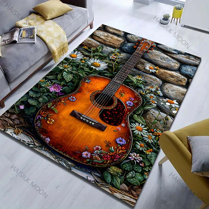Daisies and Guitar Pattern Carpet for Bedroom Living Room Bedside Sofa Floor Mat Modern Home Decor Area Rug for Gifts