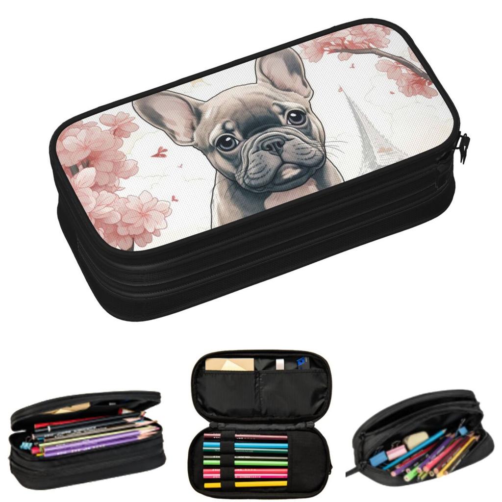 Cherry Blossom And French Bulldog Print Pencil Cases for Students Gifts Pen Box Pencil Bag Large Capacity Pencil Pouch