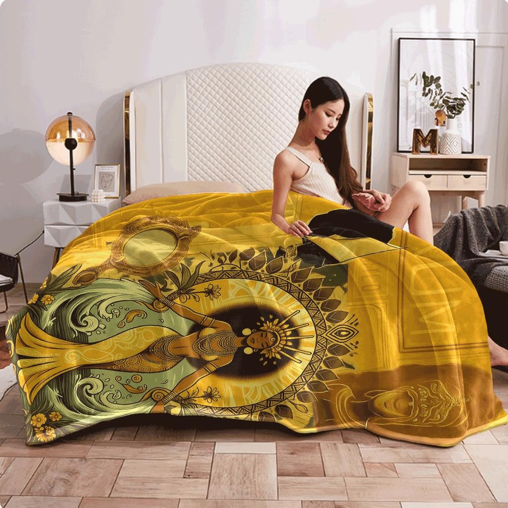 1pc Orisha Oshun African Spiritual Blanket, Retro Yoruba Goddess Flannel Throw with Floral & Symbolic Print, All-Season Bedspread, Soft