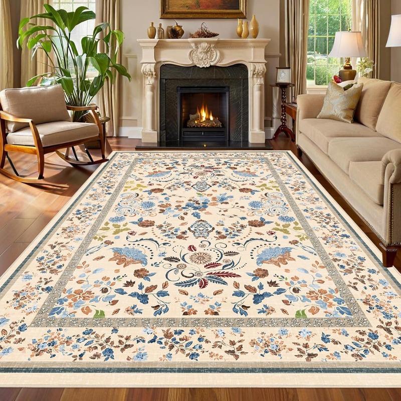 Beige Floral Living Room Carpet Bohemian Style Sofa Coffee Table Floor Mat Foldable Machine Washable Bedroom Bedside Soft Rug