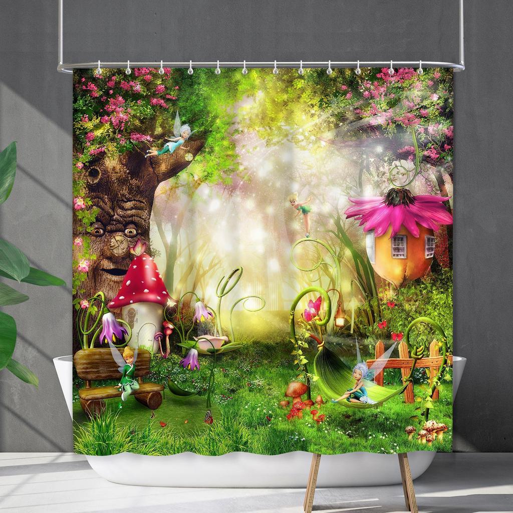 Bathroom Waterproof Curtain Digital Printing Plant Mushroom Shower Curtain Non-Punching Toilet Partition Curtain Shower Cloth