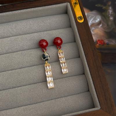 Retro New Chinese Zircon Earrings, Natural Speckled Stone Beaded Literary and National Style Earrings, Women