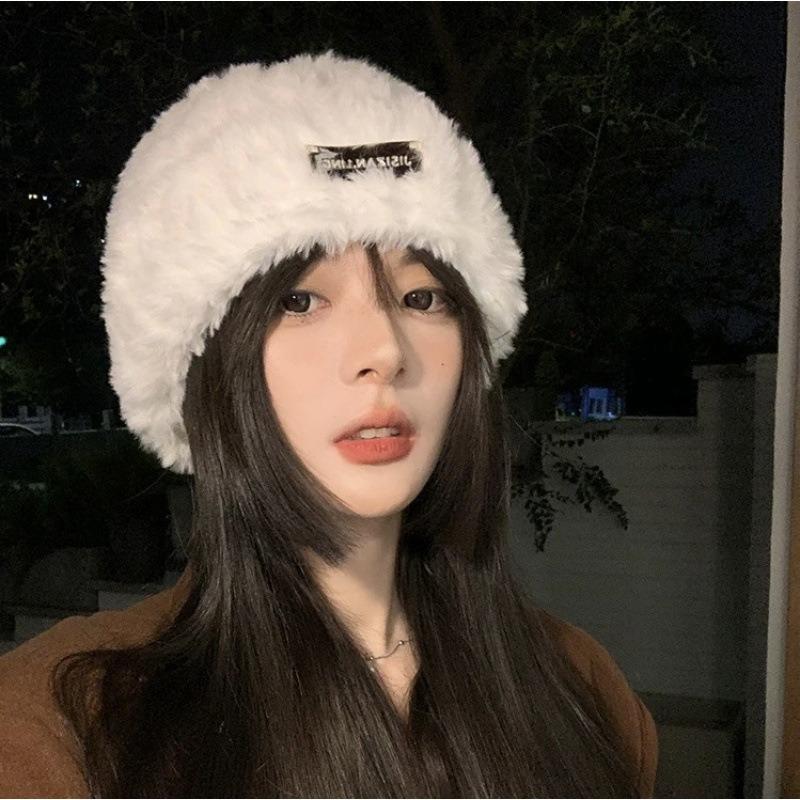 Plush Hat Women's Winter Big Head and Tail Autumn and Winter Bear Ears Warm Plush Thickened Ear Protectors Wool Knitted Hat