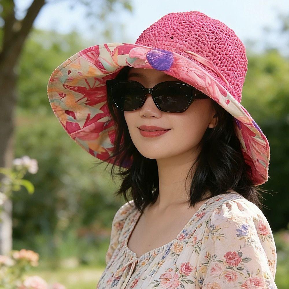 Grass Hat Large Brim Straw Hat Foldable Exquisite Flower Sun Protection Hat Uv Protection Breathable Beach Hat Beach