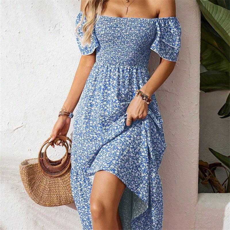 Women's Square Collar Waist Printed Bubble Sleeve Dress S-XXXL