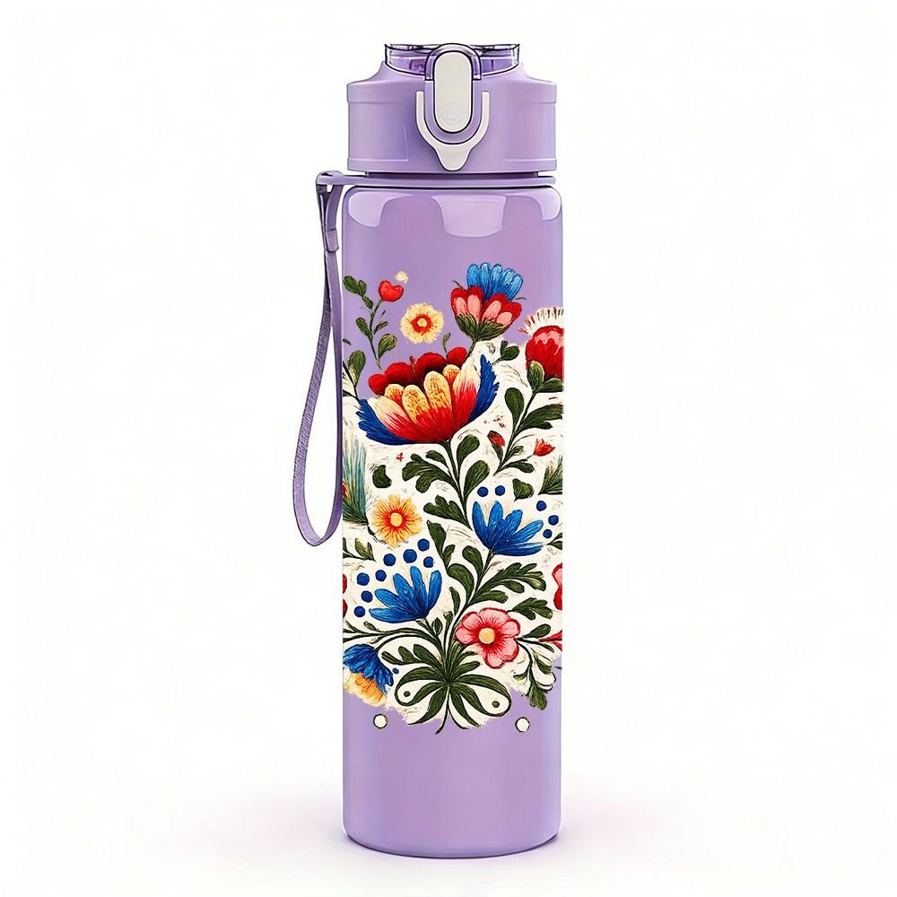 1PC Colorful Folk Floral Bouquet Print 750ml Color Plastic Sports Water Bottle Leakproof Flip Straw Lid Suitable for Sports Office Home Use