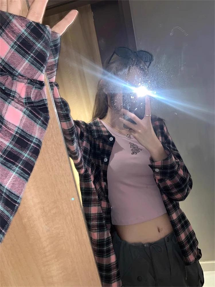 2024 Black & Pink Plaid Women's Shirt - Spring/Autumn Sunscreen Jacket, Korean-Style Niche Design