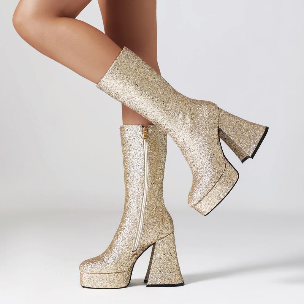 European and American New Square Head High Heel Thick Heel Sequined Horn and Fashion Medium Boots Street Performance Shoes Large Size