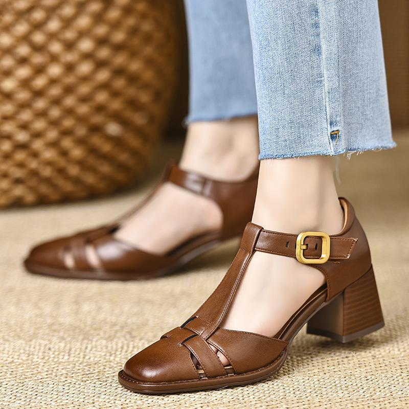 Fashion Baotou Hollow Thick Heel Sandals Women 2025 French Retro Square Head Roman Comfortable High Heels Size 34 40 Sandalias De Mujer